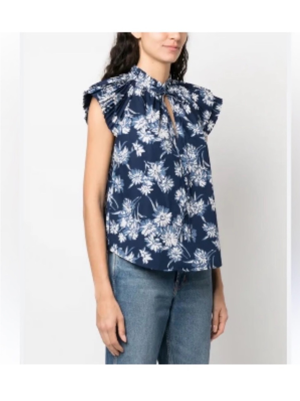 Ralph Lauren Navy and White Floral Keyhole Ruffle Sleeve Camisole